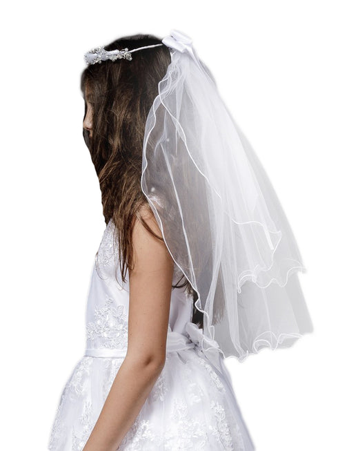 Petite Adele Girls White Sequin Embellished Lace Communion Flower Girl Veil - SophiasStyle.com